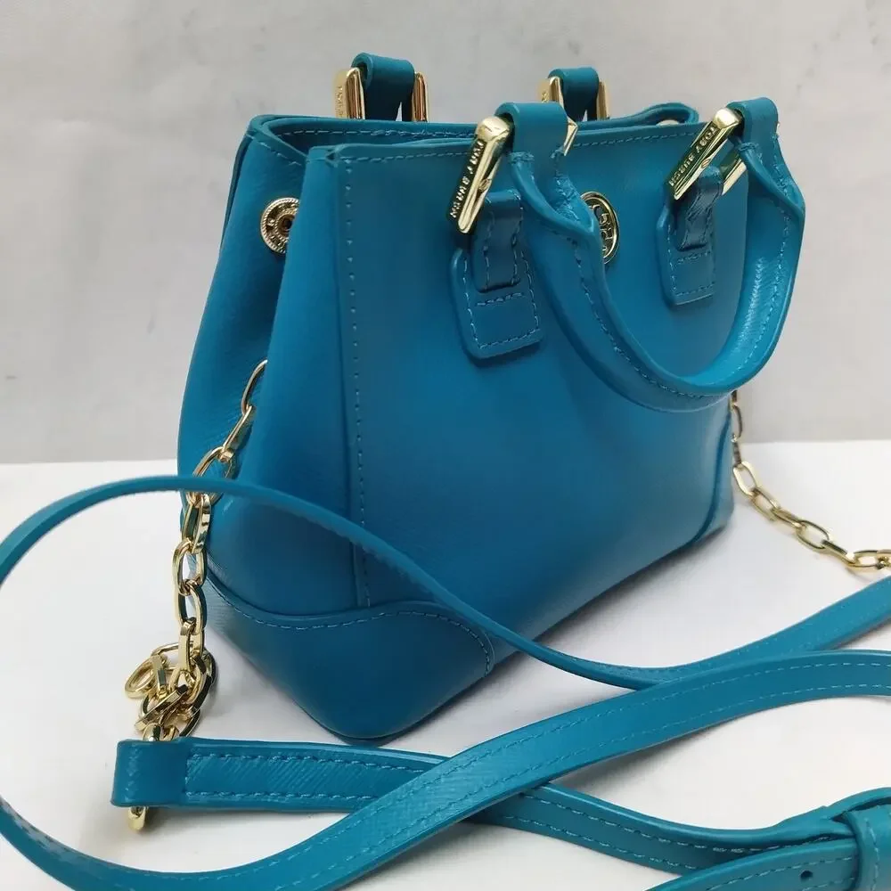 Tory Burch Robinson Blue Leather Doubled Handles Mini Tote Crossbody Bag